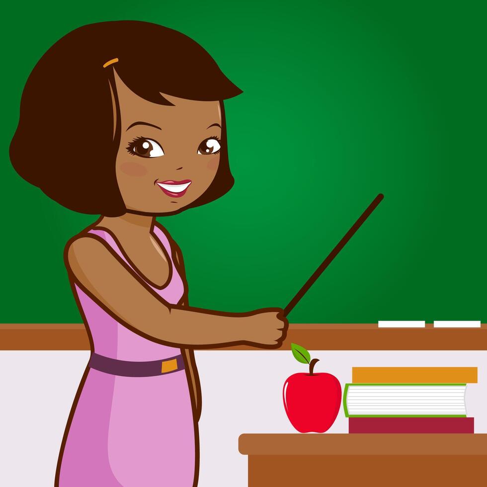 Dark skinned female teacher standing near blackboard and teaching in the classroom. Cute elementary school teacher in front of the class room chalkboard for children students school lesson. vector