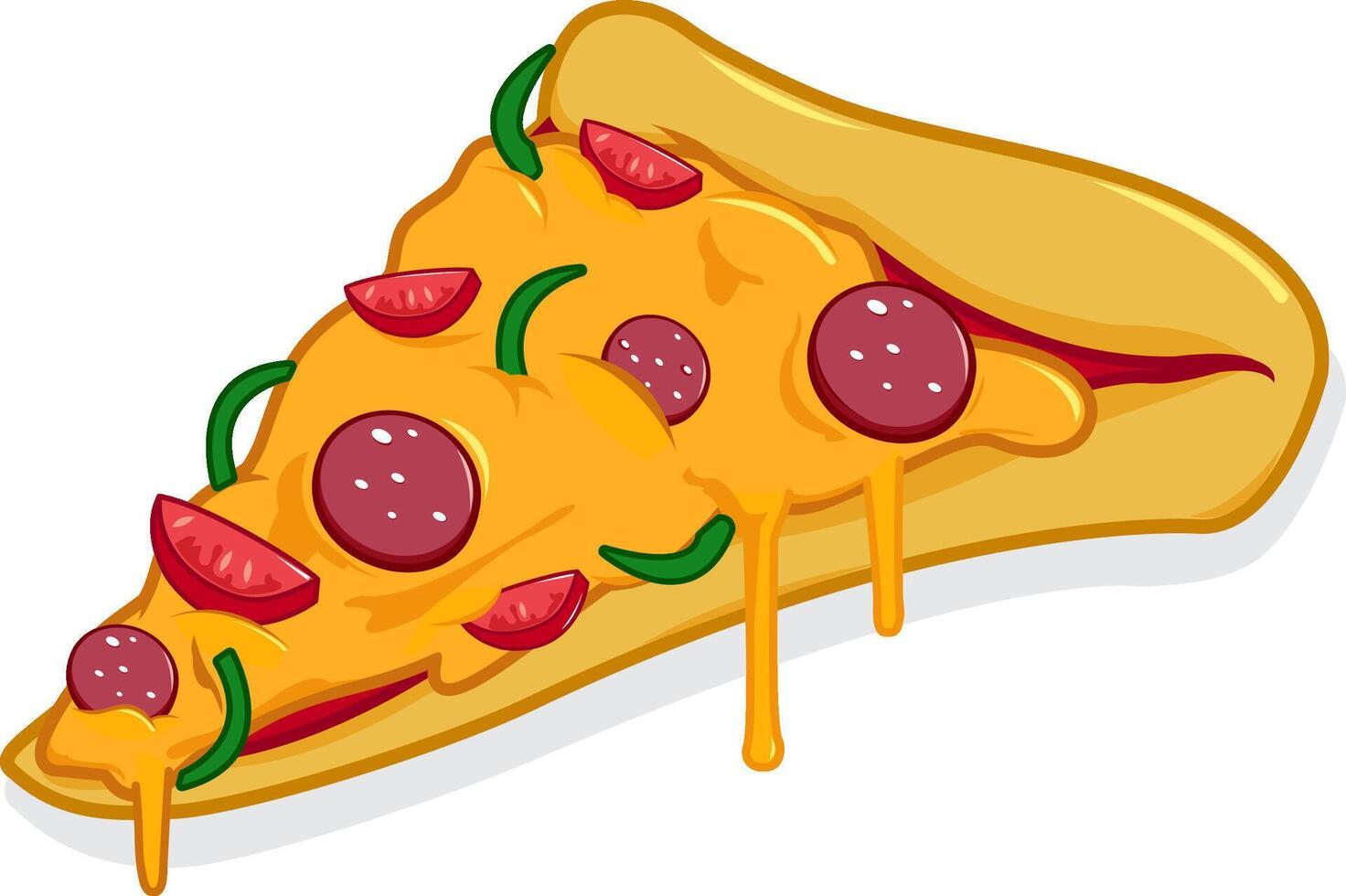 Delicious slice of Italian pizza with dripping melted mozzarella cheese, salami pepper and tomatoes. Pepperoni pizza slice. vector