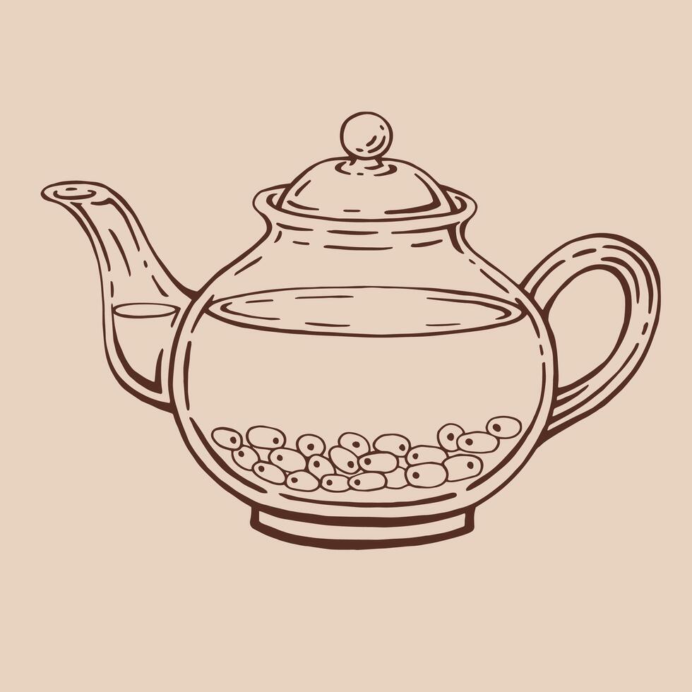 Teapot of tea with sea buckthorn. Hand drawn illustration in outline style. vector