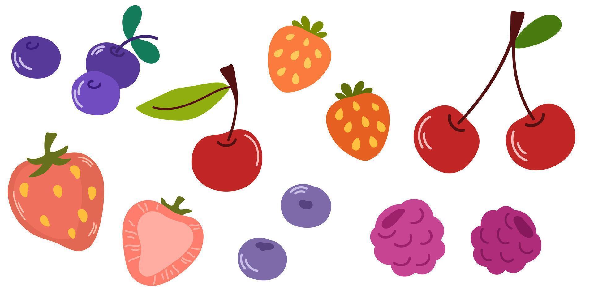 Berries set. Fresh cherry, blueberry, bilberry, whortleberry, raspberry and strawberry fruits with leaves. Natural vitamin summer eating. Flat illustrations isolated on white background vector