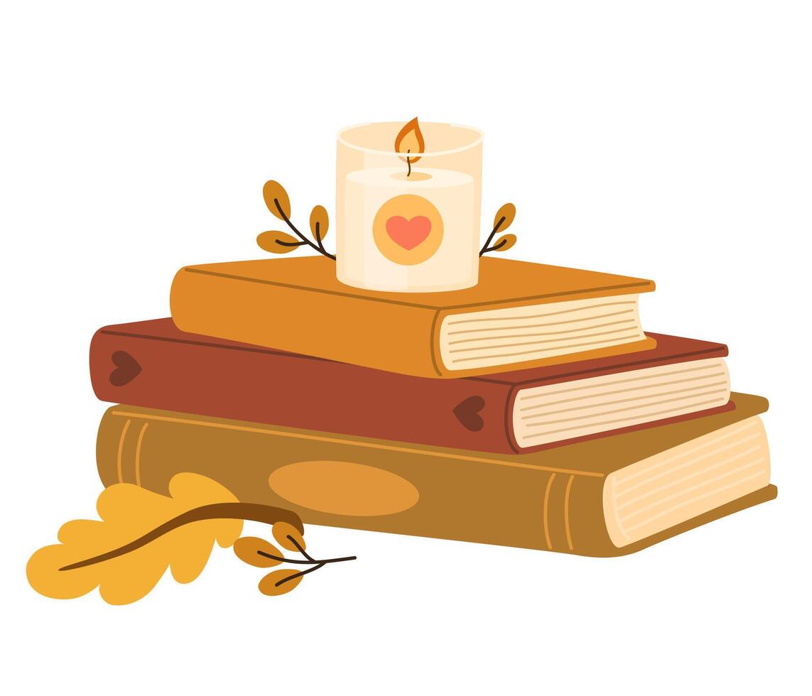 Stack of books and candle. Cozy pastime. Literature, dictionary, encyclopedia, planner with bookmarks. Colored flat illustration isolated on white background vector