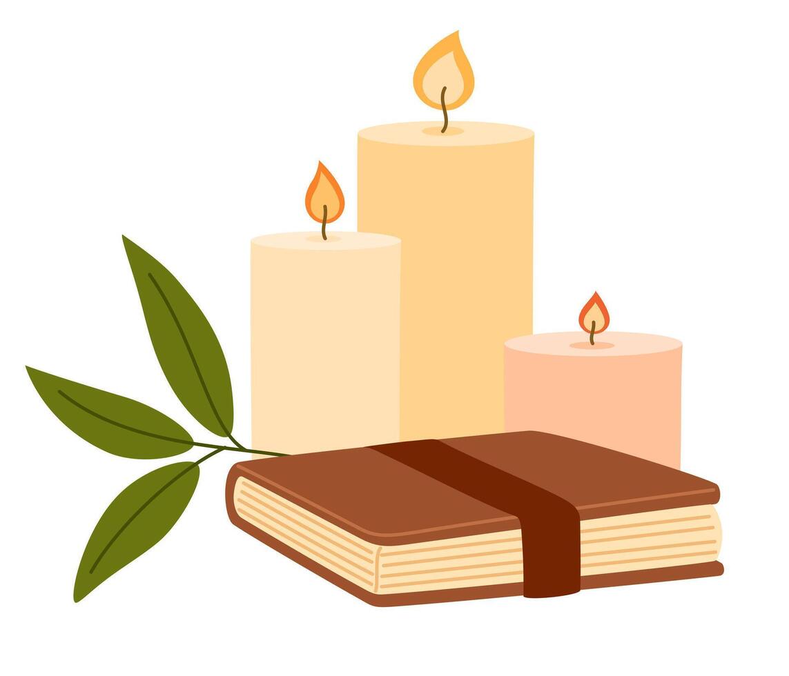 Stack of books and candles. Cozy pastime. Literature, dictionary, encyclopedia, planner with bookmarks. Colored flat illustration isolated on white background vector