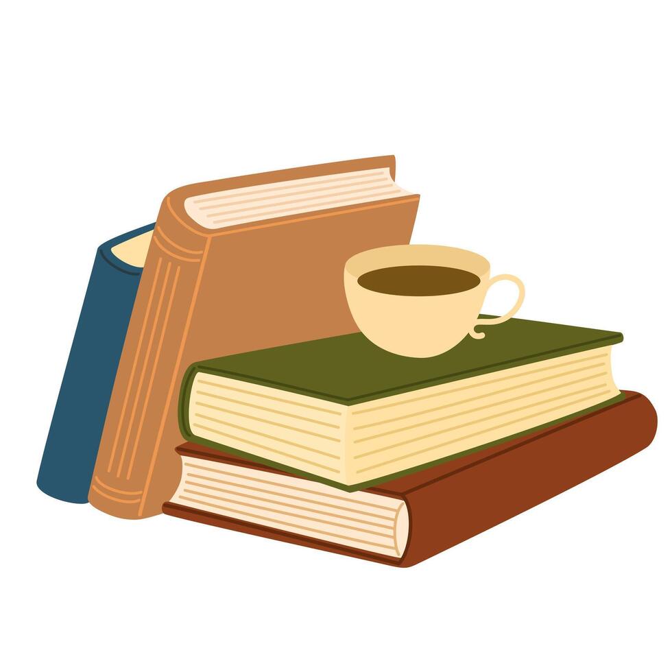 Stack of books and a cup of tea or coffee. Cozy pastime. Literature, dictionary, encyclopedia, planner with bookmarks. Colored flat illustration isolated on white background vector