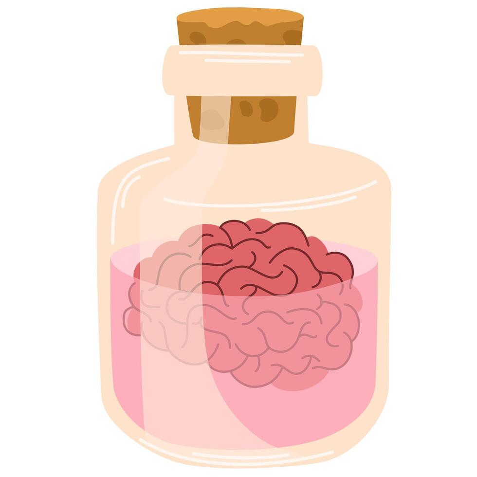 Magic potion with a brain. Alchemist bottle with elixir, poison, antidote. illustration magical laboratory ingredients in battle for poisoning vector