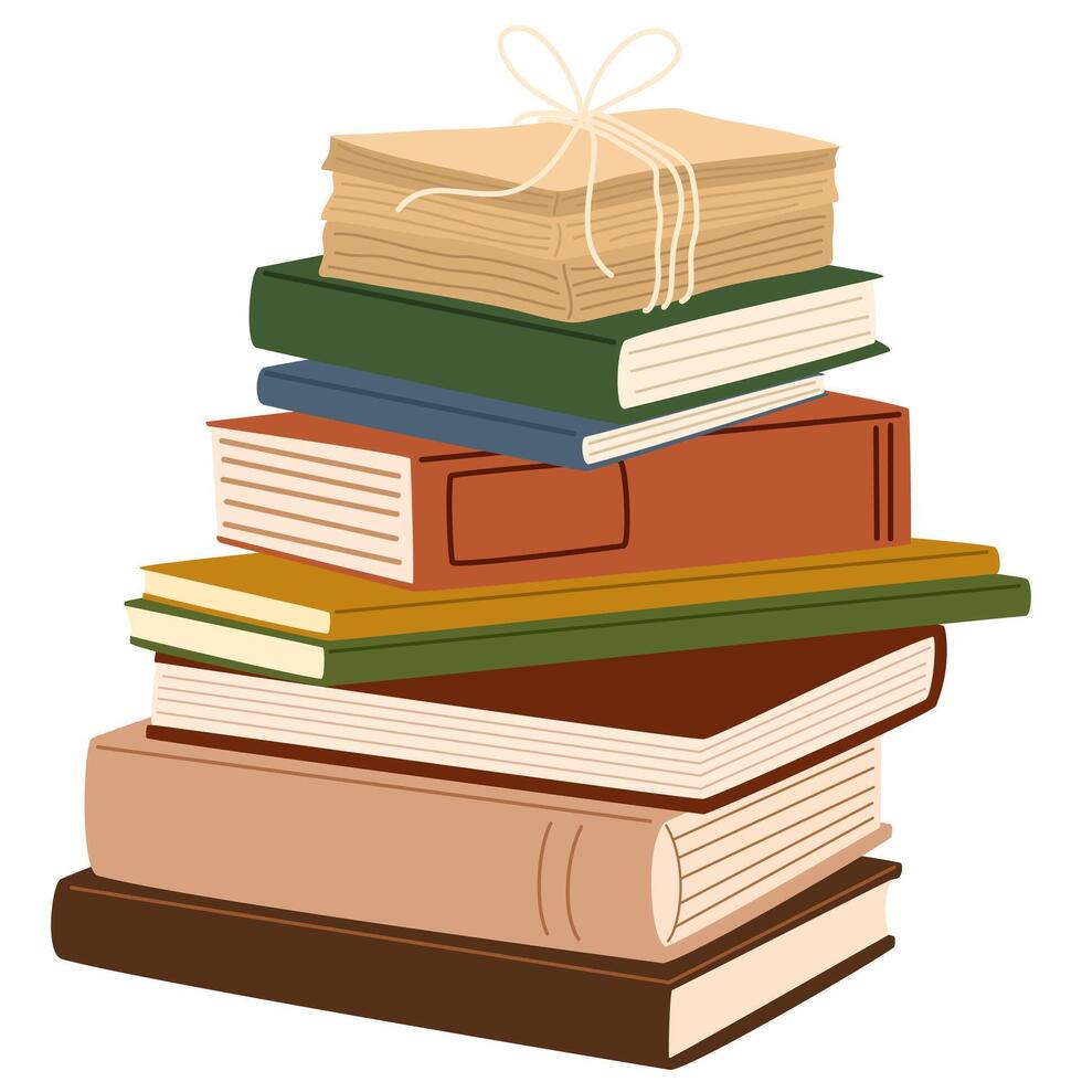 Paper books stack. Abstract academic, fiction literature for reading, professional knowledge, education, studying. Textbooks pile. Flat illustration isolated on white background vector