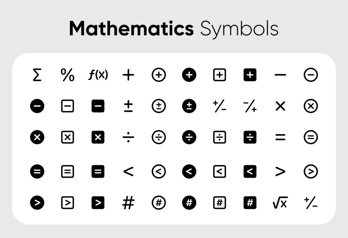 Math symbols, icon set. mathematical calculations. Collection of icons with plus, minus, root, greater than less than vector