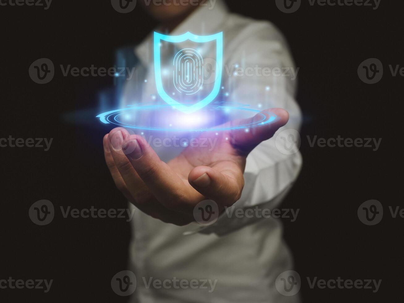 secure internet access cyber security man showing protection technology lock screen key Preventing attacks from malicious people on the Internet photo