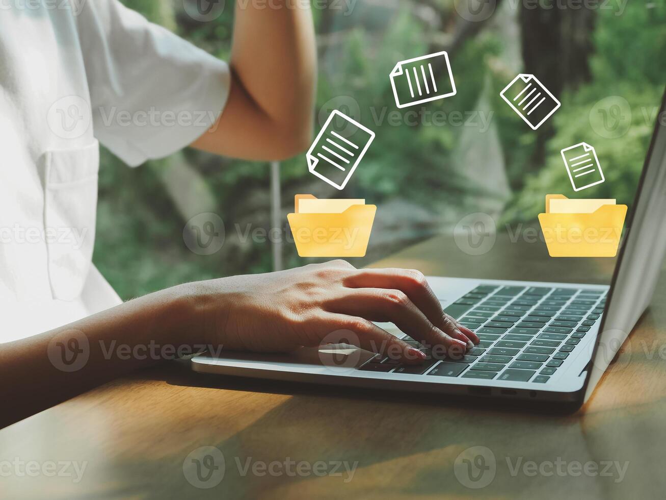 document file transfer between folders girl who is using Send documents to upload files via the Internet. photo