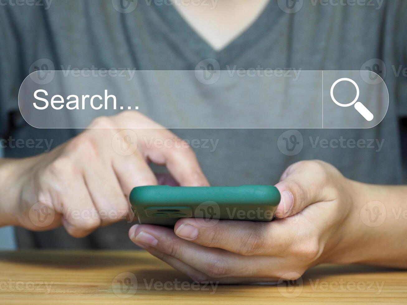 information search technology. Active man searching through smartphone on window. Digital photo