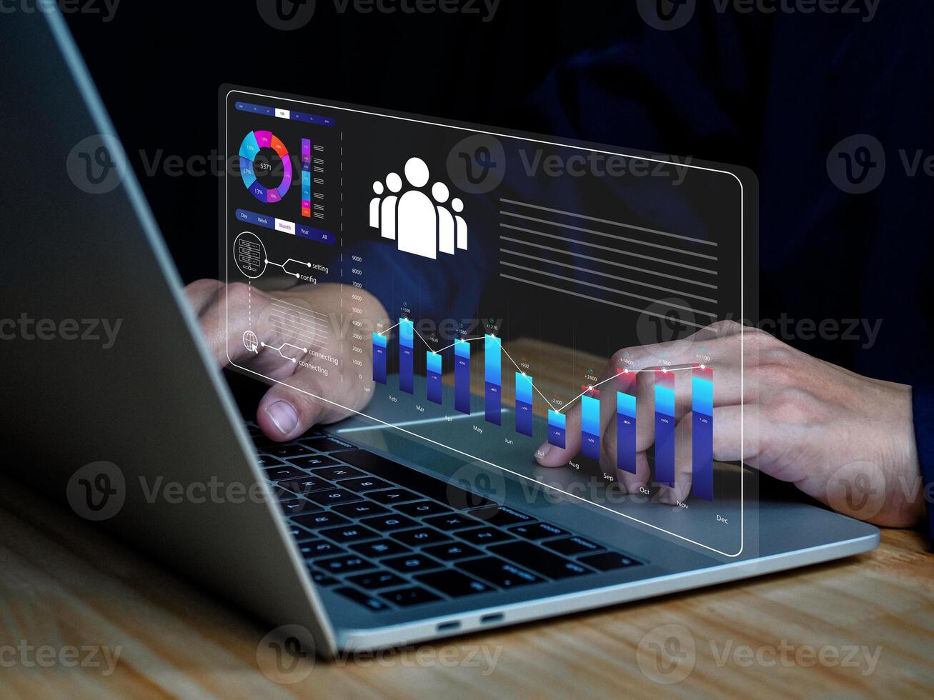 data for business analytics KPI performance indicators. Integration with data management through a digital virtual window photo