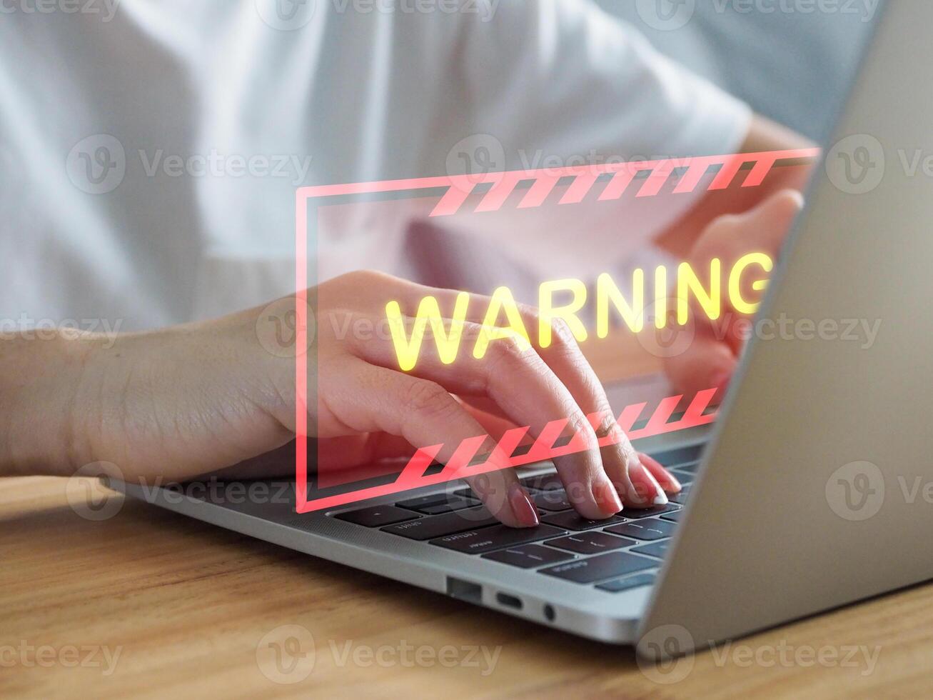 computer hack warning Malicious software. Virus. Businessman showing attack sign. cyber on computer network Accessing malicious websites photo