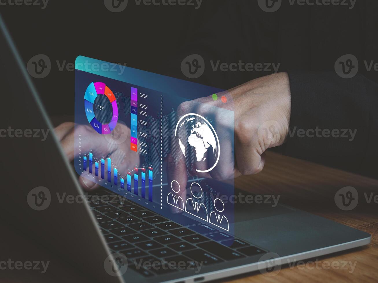Data analytics and technology analysts connected to large databases, reports with KPIs, team planning meetings. photo