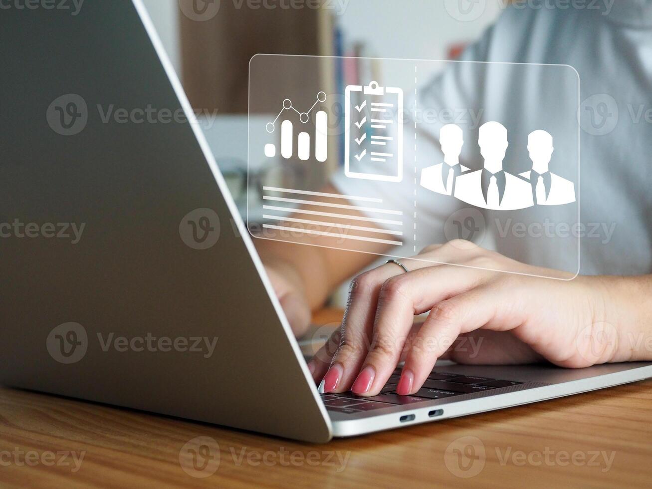 Businessman who is managing a meeting presentation of the team summarizing the team's performance Growth analytics, charts, statistics and data with digital technology. photo