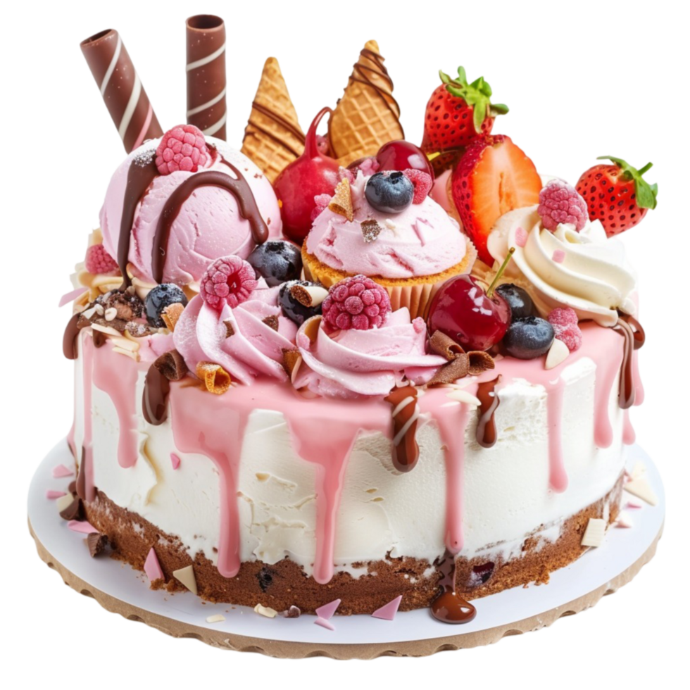 a cake with strawberries, chocolate and ice cream png