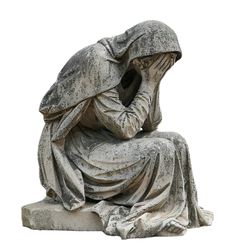 a statue of a woman sitting on the ground with her head down png