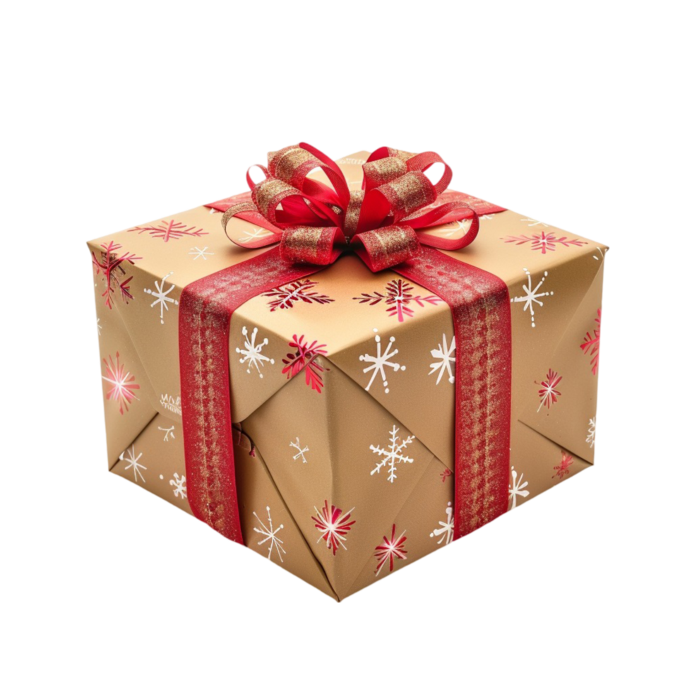 a gold gift box with red ribbon and snowflakes png