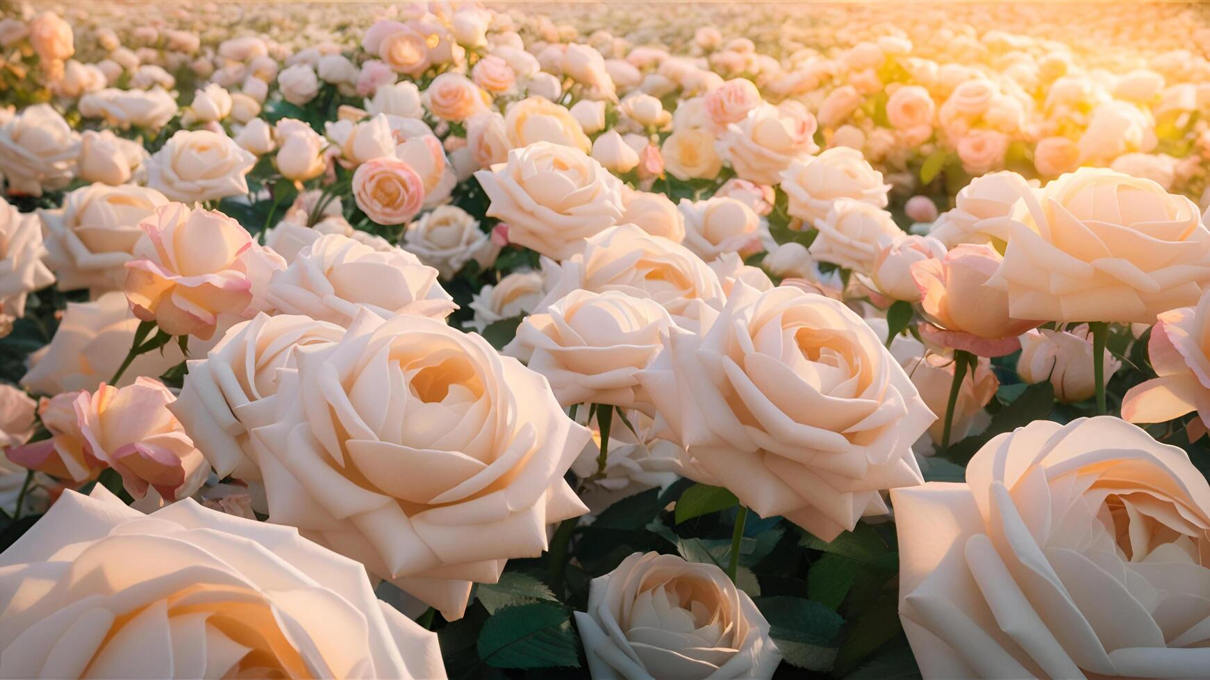 un campo de blanco rosas a puesta de sol foto