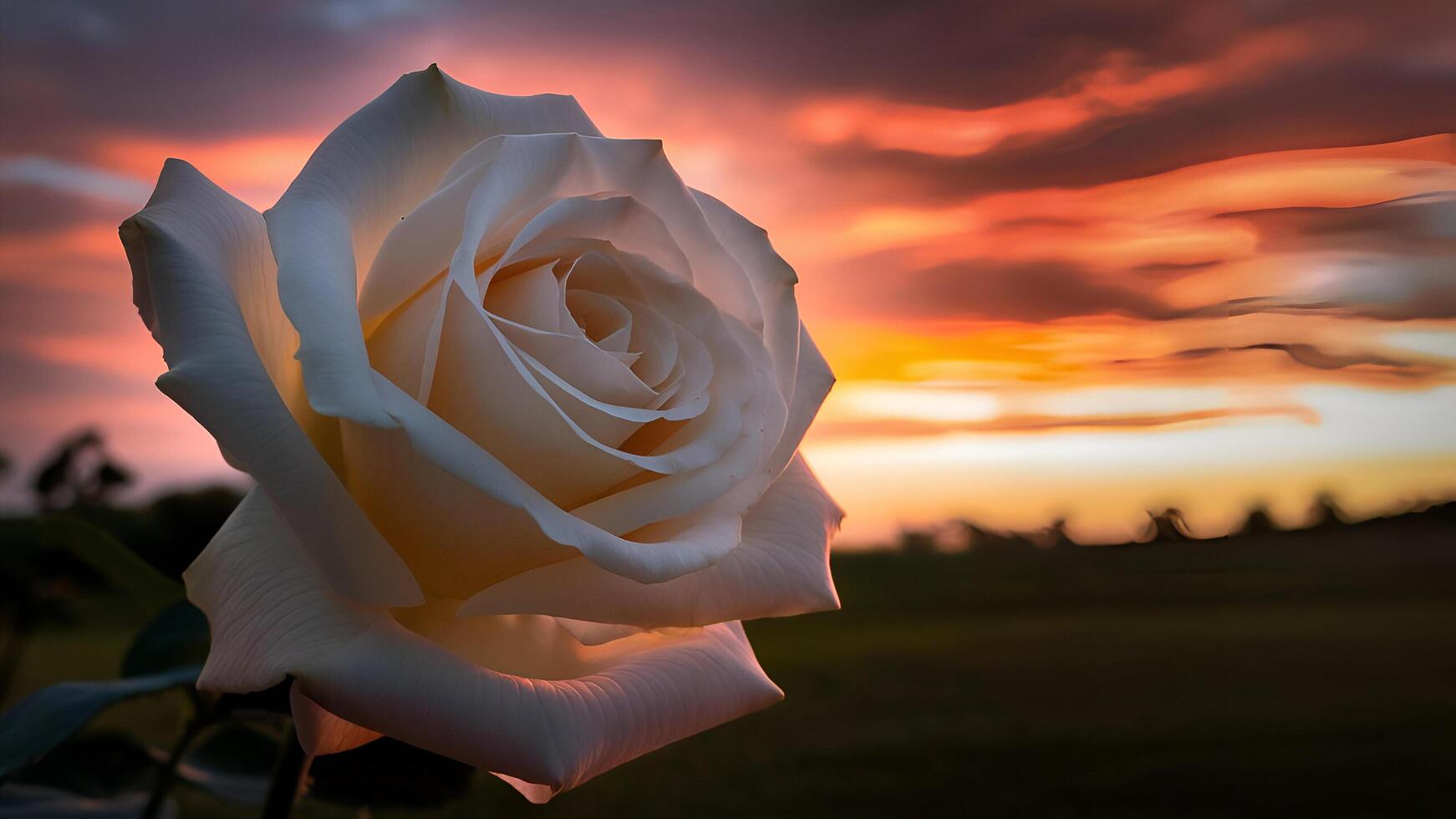 a white rose is in front of a sunset photo