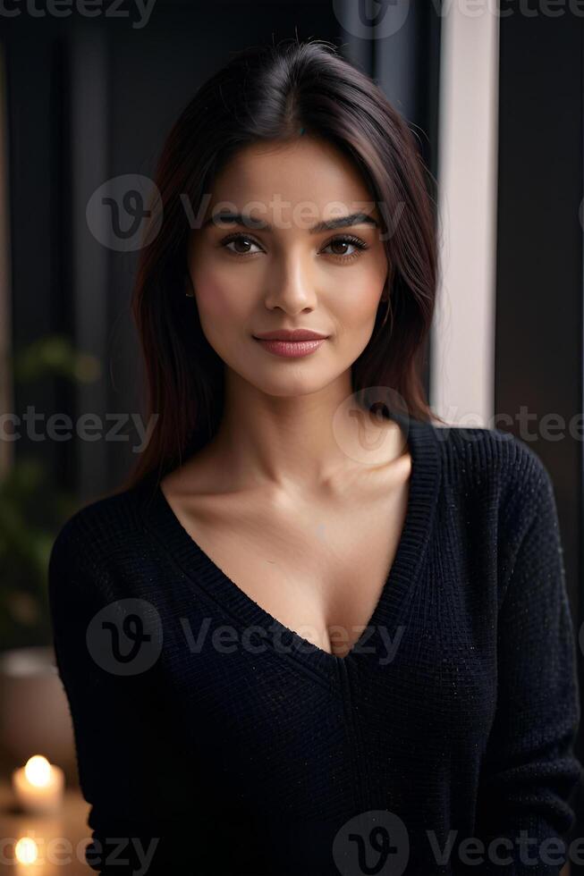 Beautiful Young Woman with Long Dark Hair in Elegant Black Sweater Natural Light Portrait. photo