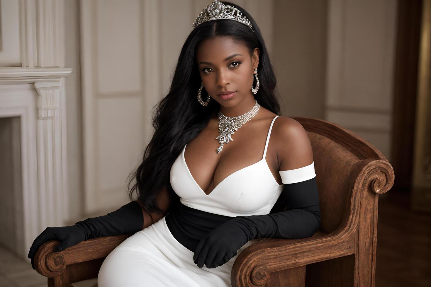 Black Woman Wearing Crown and Sitting on Throne Chair. photo
