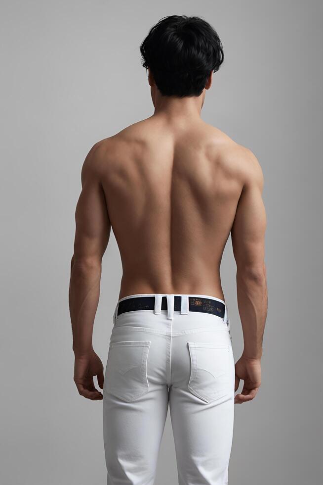 Muscular Back View of Man in Jeans on Gray Background photo