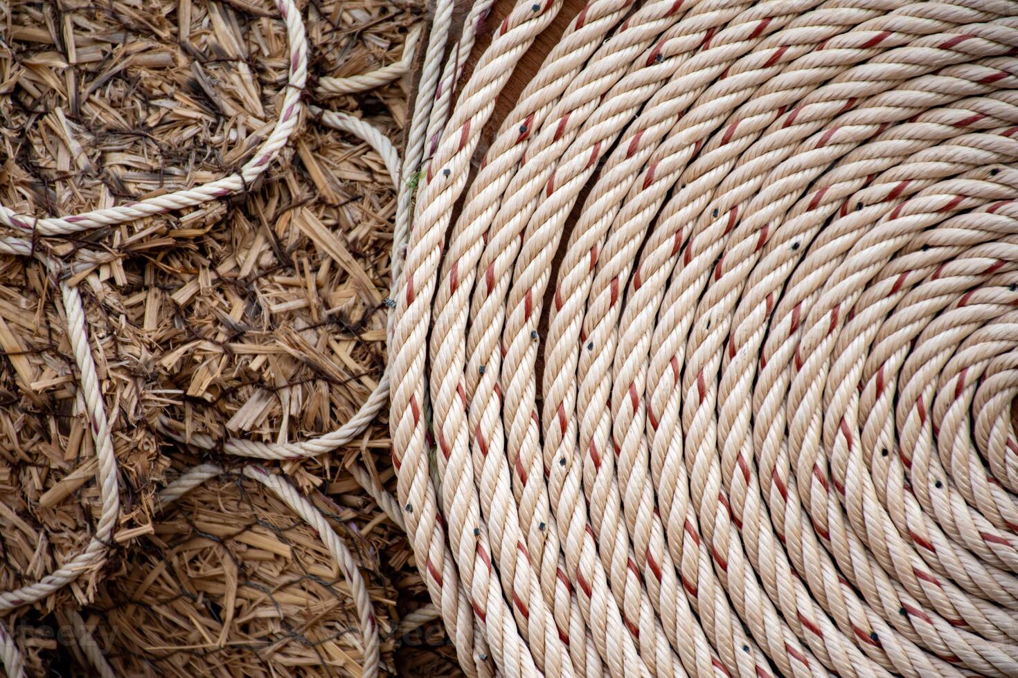 White rope with red lines and coiled roll from top view on wooden table background in warm tone. Braided rope on a roll background texture 2025. Photo of an old vintage rope.