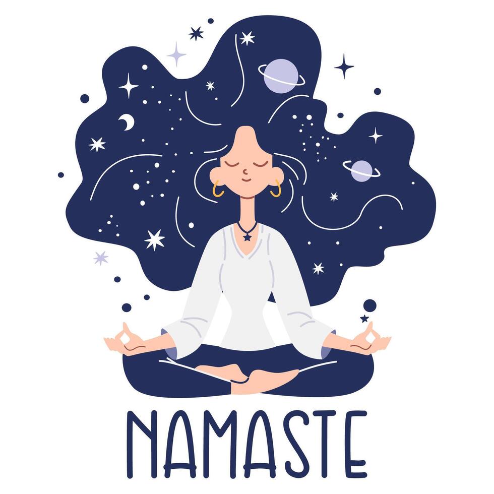 Flat illustration in children's style. Cute girl sitting in lotus pose and meditating, space and planets in her hair and it says Namaste. vector