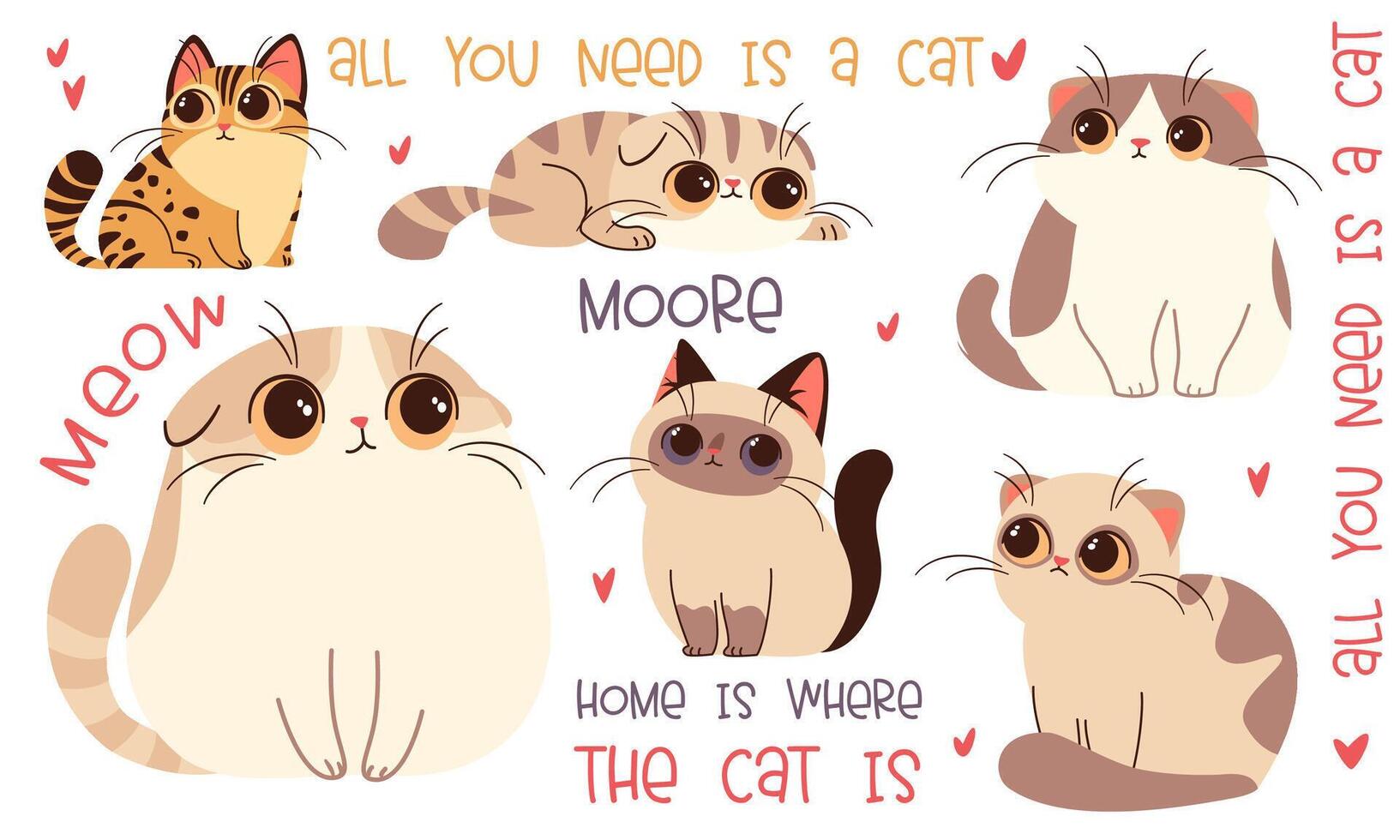 Set of illustrations in cartoon style. Super Cute cats with big eyes and the lettering with the hearts on white background vector