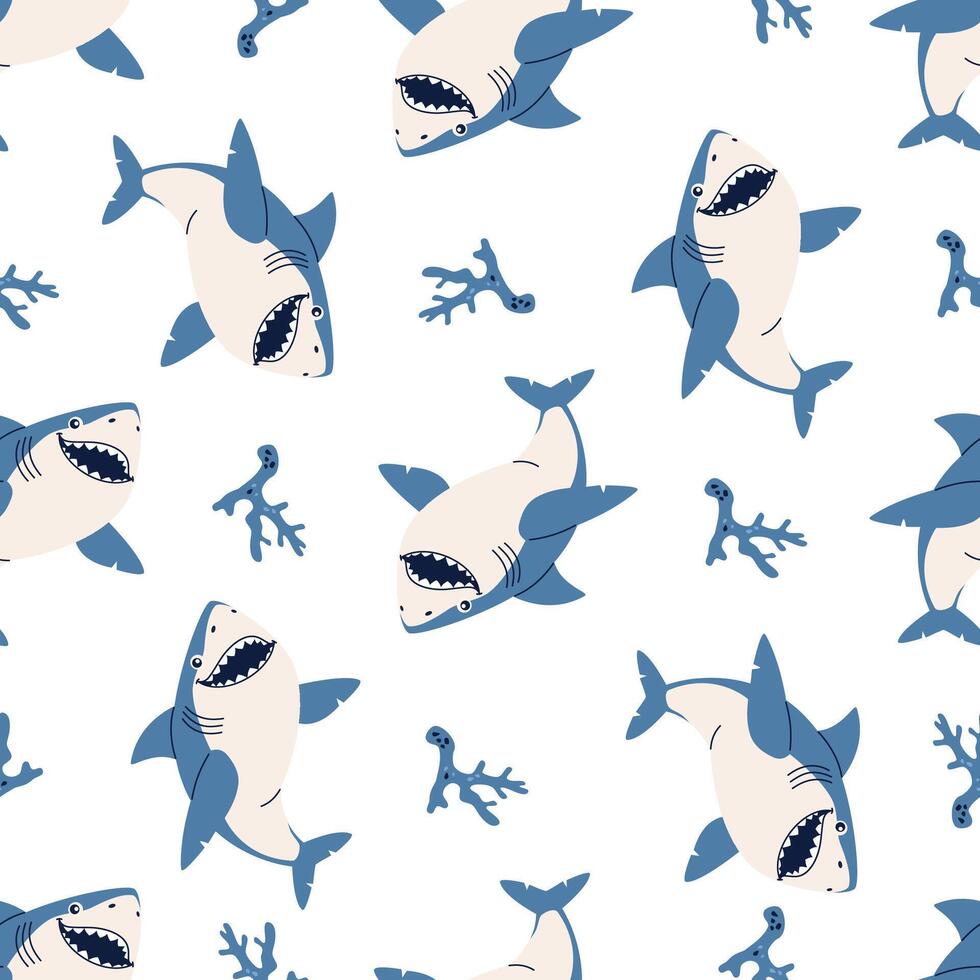 Seamless pattern in children's style. Cheerful shark and corals on white background vector