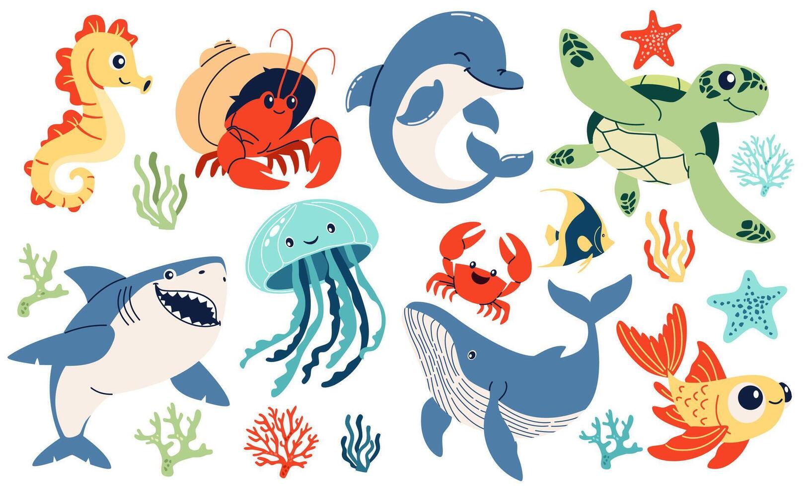 Set of flat illustrations on the theme of marine inhabitants. Cute shark crab crayfish hermit jellyfish turtle seahorse sea stars and corals dolphin fish vector