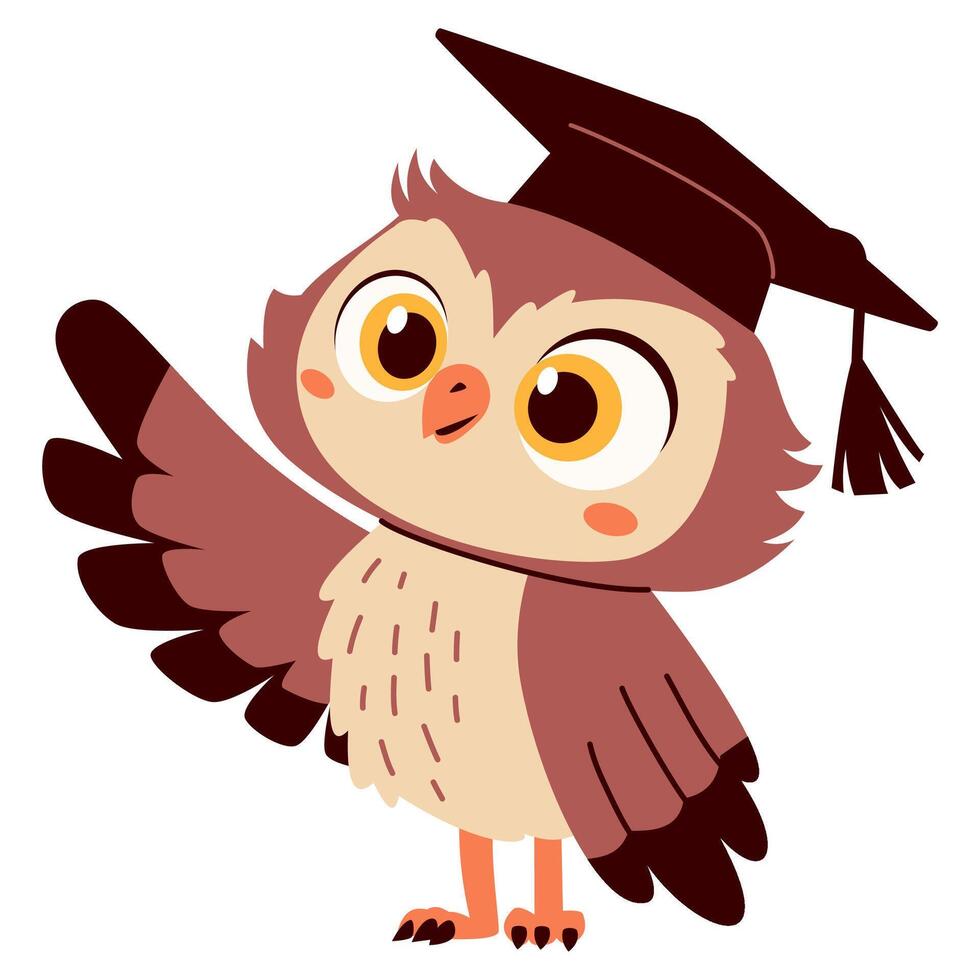 Flat illustration in children's style on the theme of learning and school. Cute owl in graduation cap points something with wing vector