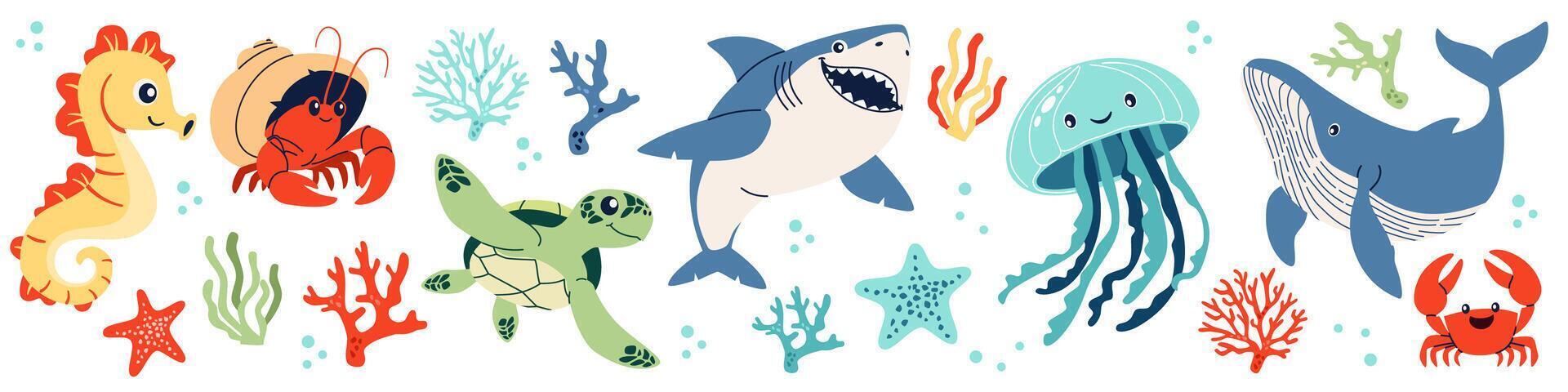 Set of flat illustrations on the theme of marine inhabitants. Cute shark crab crayfish hermit jellyfish turtle seahorse sea stars and corals. vector