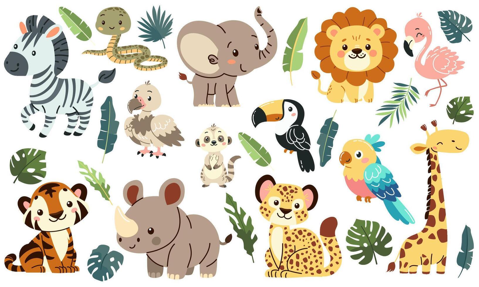 Set of flat illustrations in children's style of savannah animals. Cute rhinoceros lemur lion flamingo toucan vulture vulture snake zebra parrot tiger giraffe leopard cheetah tropical leaves vector