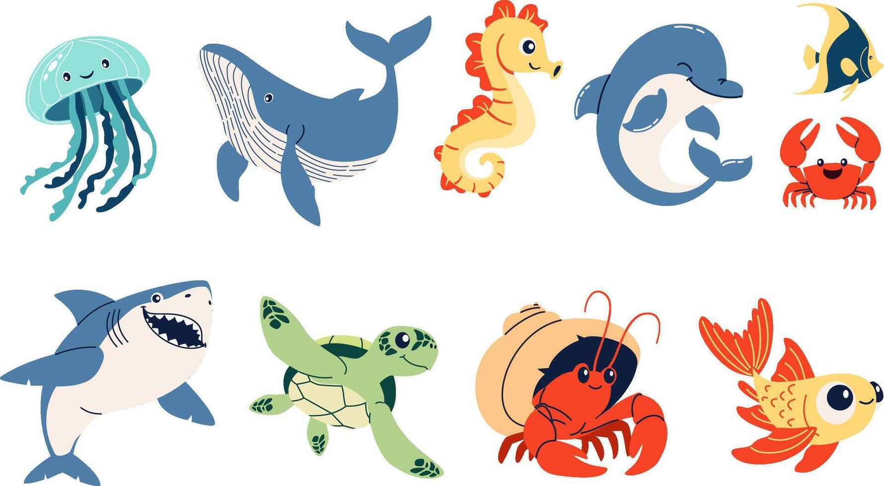 Set of flat illustrations on the theme of marine inhabitants. Cute shark crab crayfish hermit jellyfish turtle seahorse dolphin fish vector