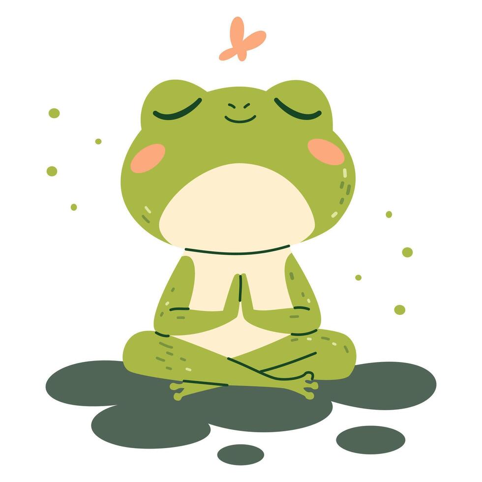 Flat illustration in children's style. Cute frog sitting in lotus pose and meditating vector