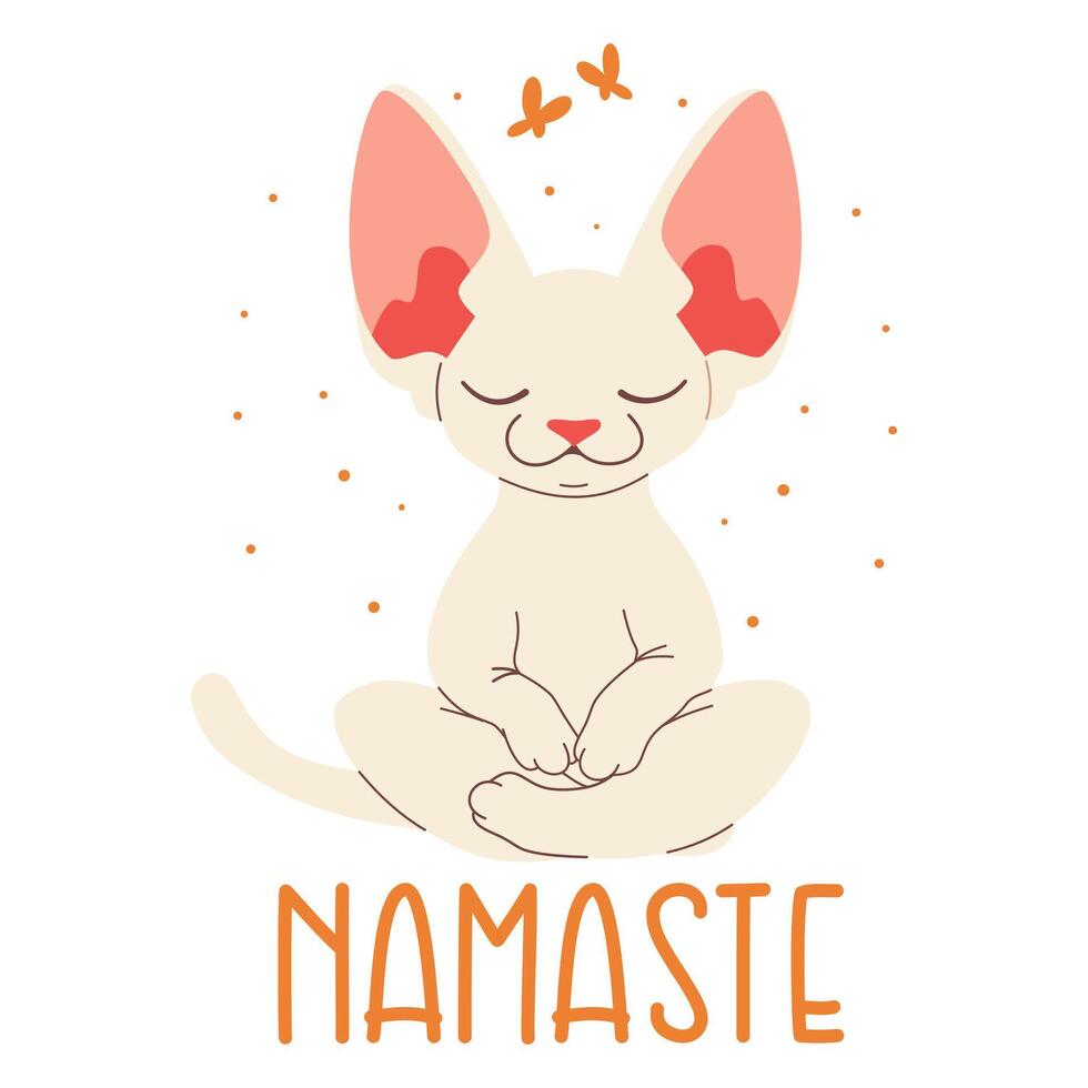 A cute white sphinx kitten sits and meditates. Flat illustration in children's style and the inscription Namaste. vector