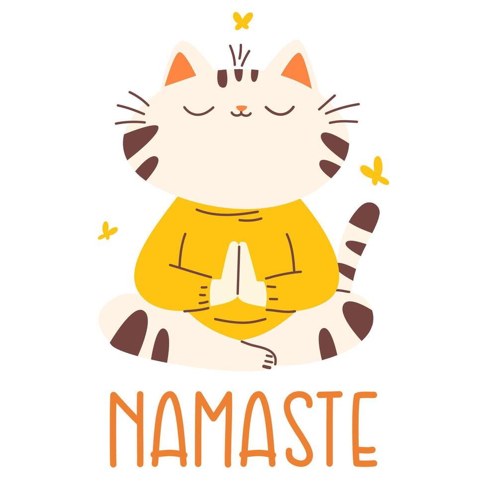 A cute white kitten sits and meditates. Flat illustration in children's style and the inscription Namaste. vector