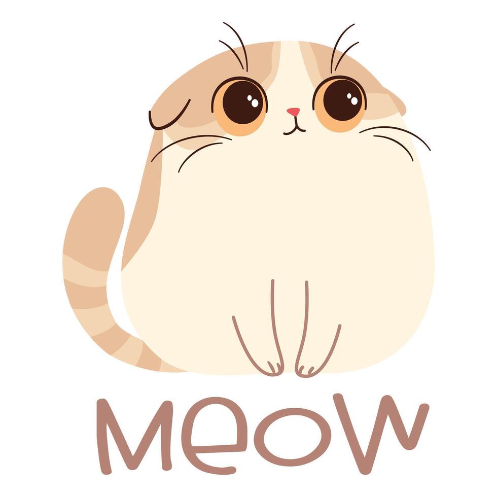 Cute lop-eared kitten of Scottish breed and the inscription Meow, flat illustration on white background in child style vector