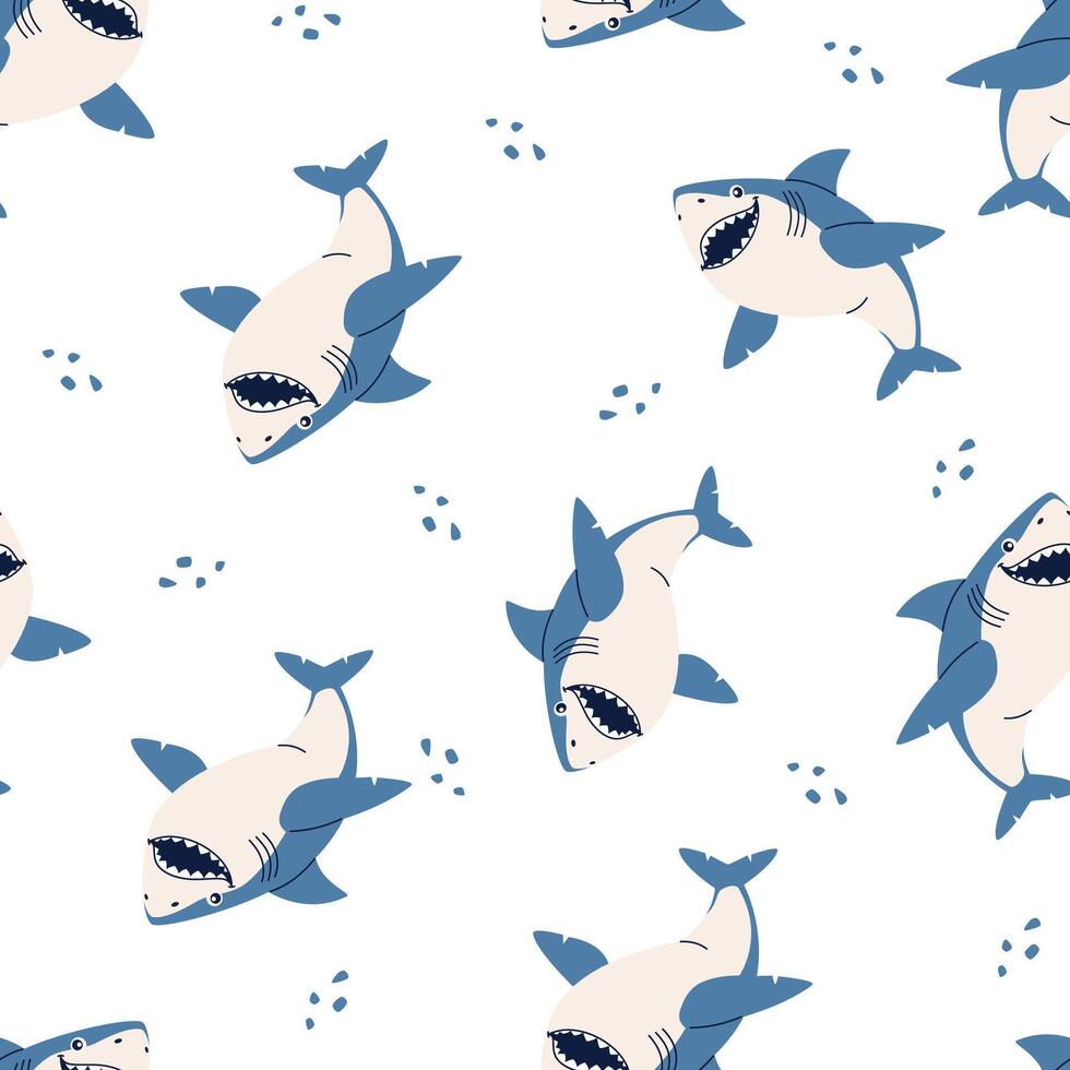 Seamless pattern in children's style. Cheerful shark on white background vector