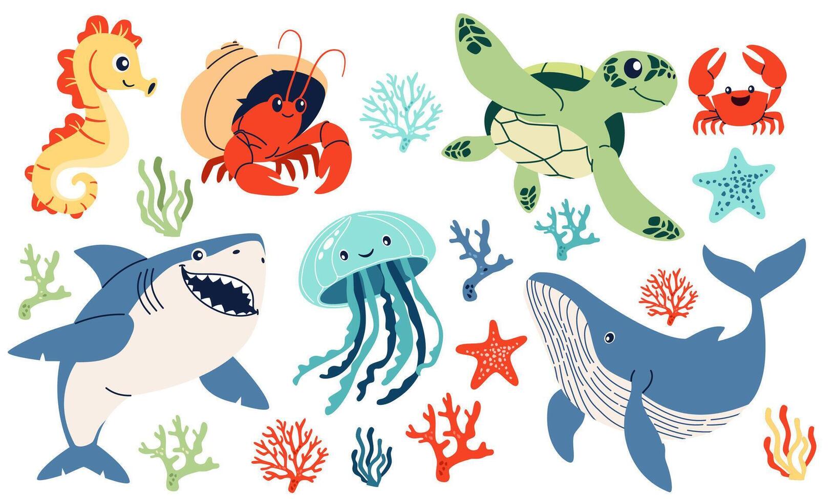 Set of flat illustrations on the theme of marine inhabitants. Cute shark crab crayfish hermit jellyfish turtle seahorse sea stars and corals. vector