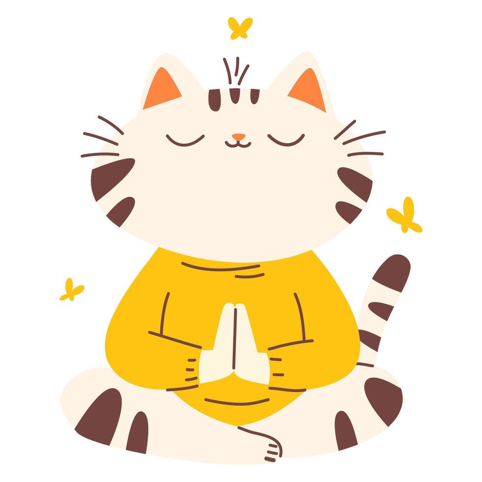 Flat illustration in children's style. Cute cat sitting in lotus pose and meditating vector