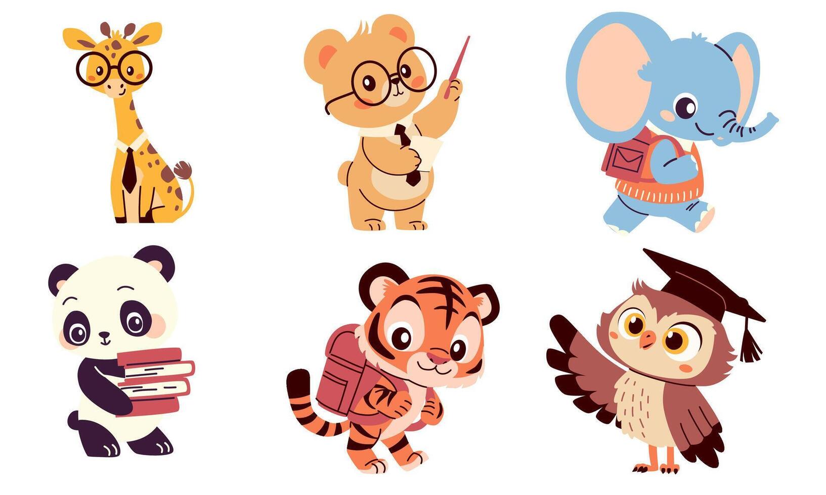 Set of flat illustrations in children's style on white background on the theme of learning and school. Bear giraffe tiger cub elephant owl and panda with textbooks and school bags vector