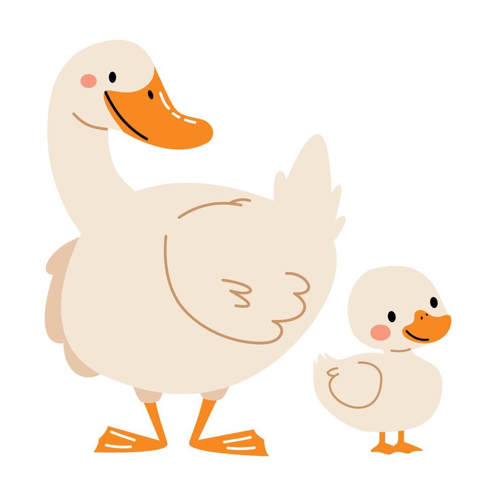 Flat illustration in children's style on white background. Cute goose and goose vector