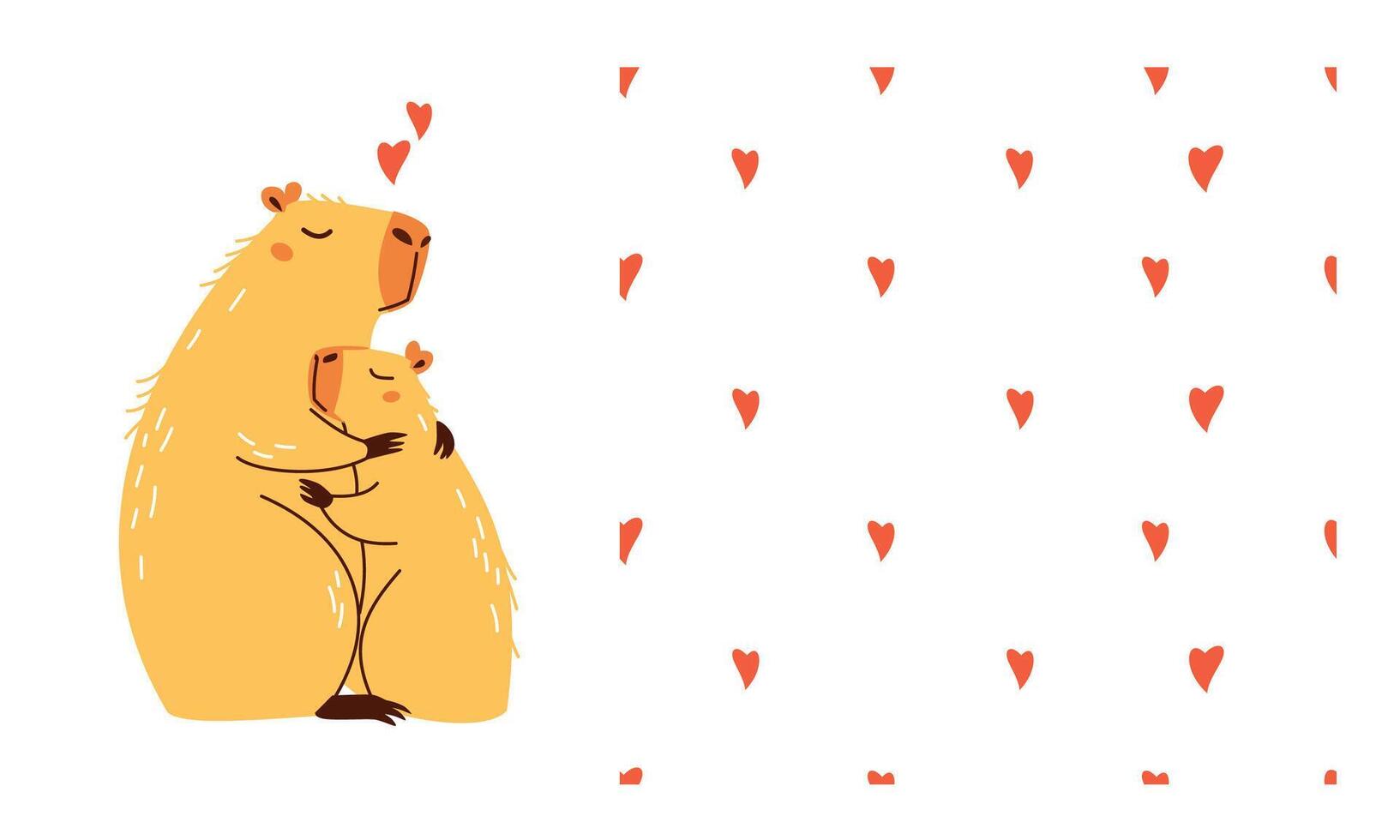 Cute capybara cuddling her baby, motherly love. Seamless pattern with hearts. SEt with parterre and accepted for printing vector