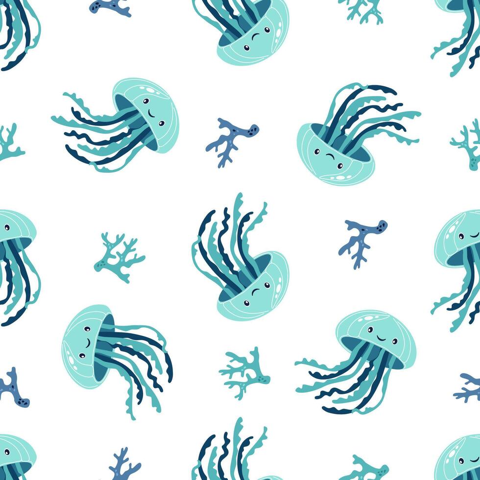 Seamless pattern. Cute jellyfish with a smiling face. Cute pattern for children's products on white background vector