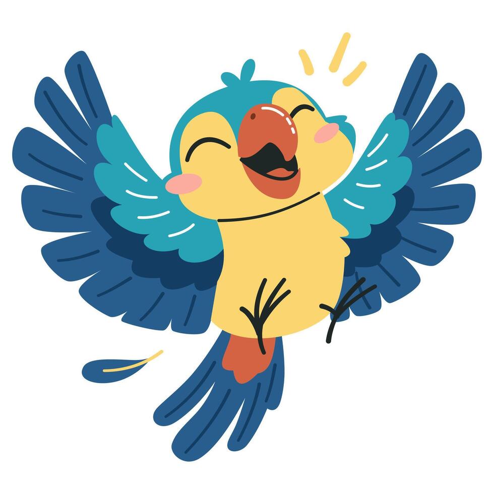 Cute parrot happy parrot happy parrot happy and flying, flat illustration in child style vector