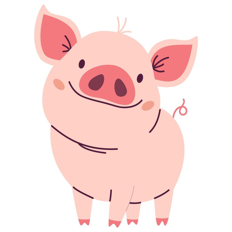 Flat illustration in a simple children's style. Cute pig on white background vector