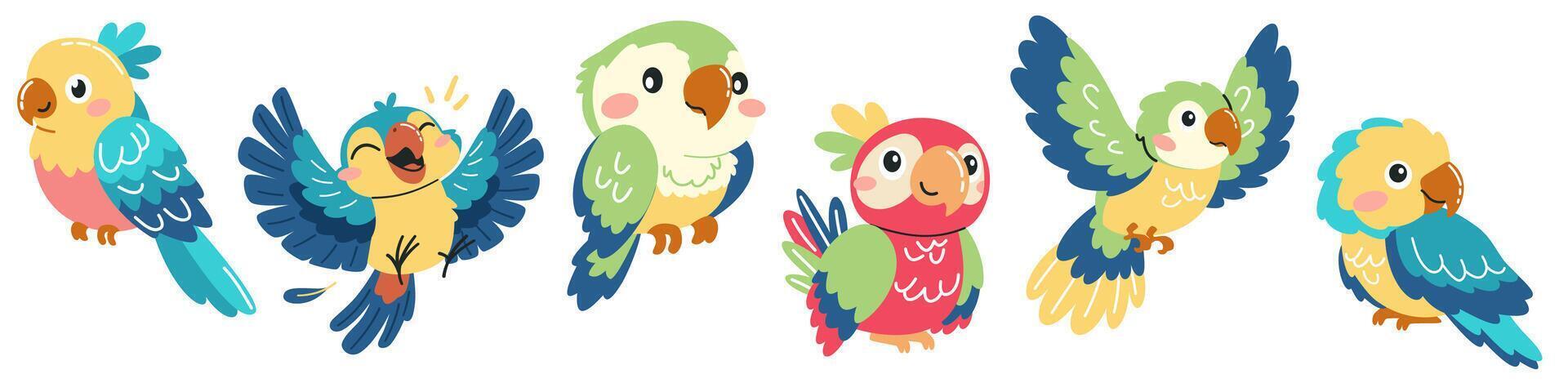 Set of illustrations in children's style. Cute cartoon parrots in different poses vector
