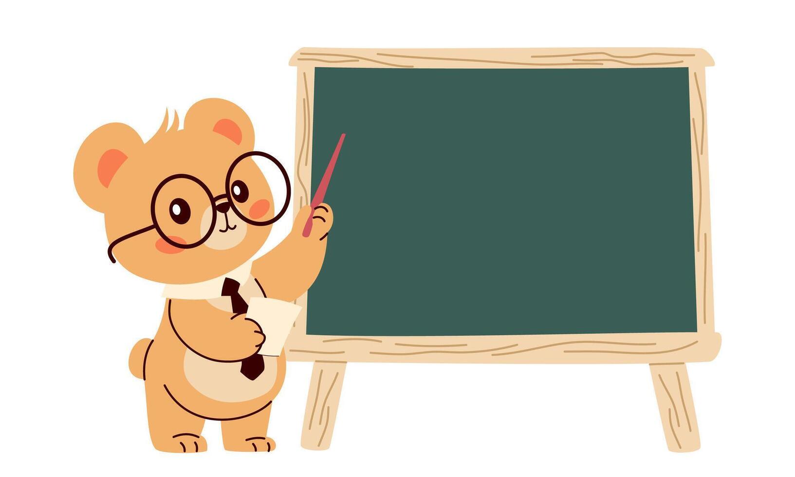 Flat illustration in childish style on the theme of education. Cute bear in glasses and with a pointer points to the school blackboard, a place for your text vector