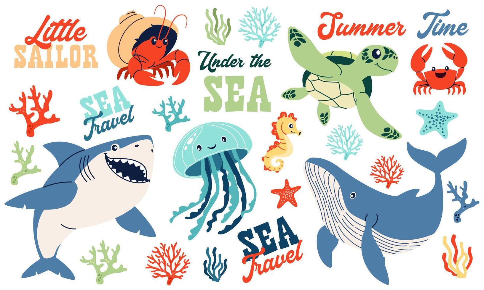 Set of flat illustrations on the theme of marine inhabitants. Cute shark crab crayfish hermit jellyfish turtle seahorse sea stars and corals lettering vector
